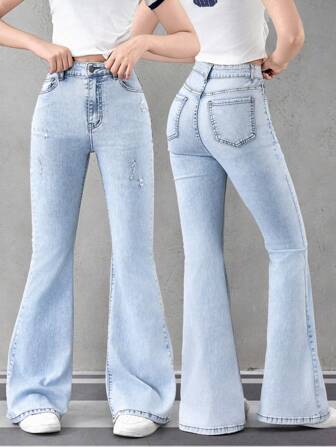 青少年女孩休闲时尚简约设计洗水浅蓝色喇叭牛仔裤