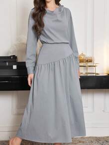 Modelyn 2pcs/Set Women Light Blue Cold Shoulder Top & Asymmetrical Hem Skirt Set Fall Cloth For Women - Baby Blue - View 5