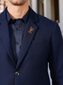 Calvornis 2pcs Men's Solid Color Button Front Long Sleeve Suit Jacket And Pants Set With Pockets - Navy Blue - View 3