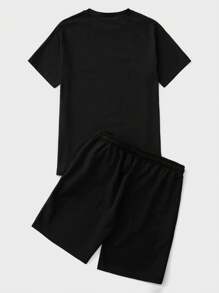 RueChic Conjunto informal para hombre de camiseta de cuello redondo de unicolor con parches y pantalones cortos