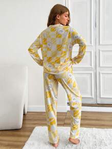 RueChic Cotton Women 2 Pcs Contrast Colour Button Front Detail Cute Bear&Plaid Pattern Homewear PJ Set - Yellow - View 2