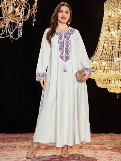 Al Najma 大码女式长袖流苏印花系带蕾丝边长款土耳其和阿拉伯风格连衣裙