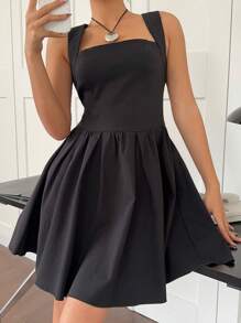 SHEIN EZwear Women's Plain Color Swan Neck Sleeveless Fashionable Black Mini Dress - Black - View 4