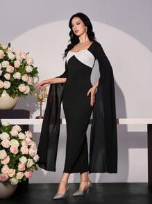 Modelyn Vestido feminino elegante preto e branco manga longa estilo sereia bodycon - Preto e Branco - Ver 6