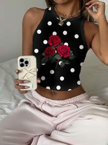 SHEIN EZwear Casual Simple Polka Dot Flower Pattern Round Neck Tight Women's Tank Top Suitable For Summer Chic - White - View 4