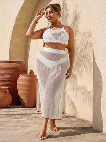 SHEIN Swim Curve Plus Size New Women Versatile Top + Bottom Set, Hollow-Out Sexy Matching Swimsuit Cover-Up Summer Beach Vacation Outfit