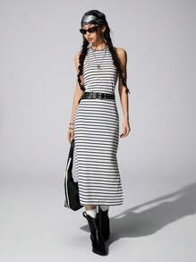 SHEIN Teen Girls Spring/Summer Streetwear Striped Backless Side Slit Dress Backless Dress,Parent-Child Clothing - Black and White - View 3