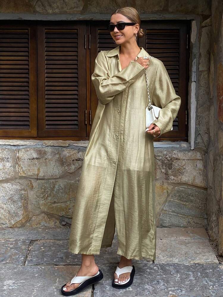 Loose Solid Long Sleeve Waistband Long Casual Vacation Ladies Shirt, Spring/Summer Linen,Fall Clothes