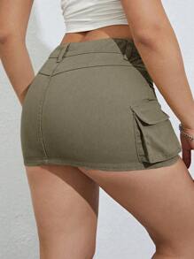 SHEIN ICON Flap Pocket Side Cargo Denim Skirt - Army Green - View 2