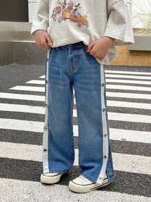 SHEIN 小男孩休闲做旧白色侧条纹宽松直腿蓝色牛仔裤，适合儿童春夏装日常服装