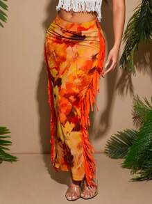 SHEIN SXY Falda informal de mujer con estampado floral de malla naranja, decorada con flecos, ideal para vacaciones de principios de primavera y playa