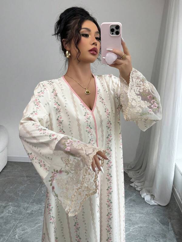 Yasmyna Women's Woven Print Sleeve Patchwork Loose Arabic Style Dress