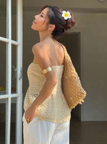 Flirla Women Solid Color Twist Cut-Out Bandeau Knitted Crop Top