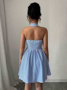 SHEIN Elenzya 女式翻领单排扣休闲条纹迷你连衣裙 - 藍白色 - 查看 2