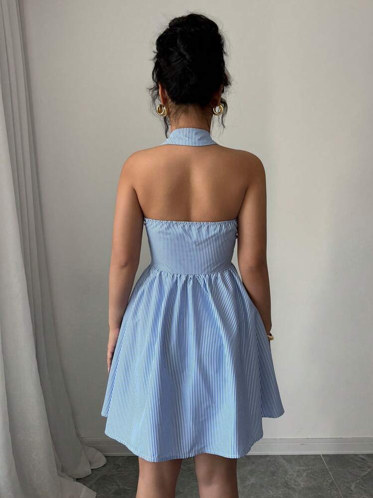 Elenzga Women's Lapel Neck Single-Breasted Casual Striped Mini Dress - Blue and White - View 2