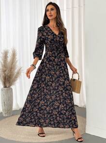 SHEIN LUNE Shirred Puff Sleeve, Cinched Waist, Ruffle Hem A-Line Dress, Casual Vacation Elegant Outfit For Ladies - Multicolor - View 5