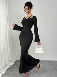 Modelyn Women's Elegant Romantic Lace Crisscross Halter Neck Fitted Party Dress - Black - View 5