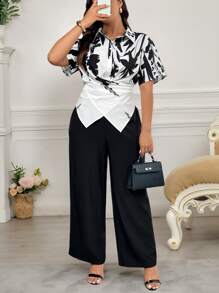 SHEIN Clasi 大码女式优雅编织花卉印花两件套，秋季