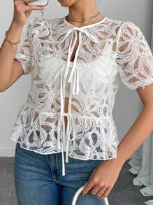 SHEIN ChicEase Textured Bowknot Decor Women's Elegant Blouse - White - View 6
