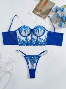Set de 2 piezas de lencería femenina de malla bordada (con aro y tanga) - Azul - Ver 7