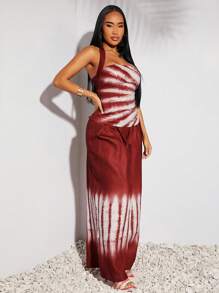 SHEIN SXY 春夏假期波西米亚风西方服饰女装节日红色扎染仿亚麻面料吊带修身背心上衣和松紧腰高腰舒适长裤两件套