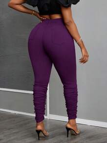 SHEIN Plus Size Women Purple Personalized Cuff Waist Elastic Skinny Pants Plus Size Pants Basic Style Summer Skinny Pants Casual Style