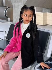 SHEIN Chaqueta de manga larga con cremallera, de color block, de para niñas preadolescentes - Negro - Ver 5