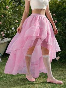 SHEIN MOD Romantisk drömsk lager-på-lager organza volangkjol asymmetrisk, perfekt för dejt, fest, semester, eftermiddagste, födelsedag, alla hjärtans dag, sommar för kvinnor, strand för kvinnor, ravefestival, semesterkvinna, festival för kvinnor, påskkvinnor, dejtkvällskjol för kvinnor - Rosa - Visa 4