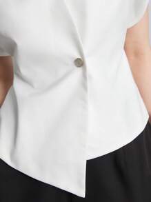 Ontre Women's Clothing New 2025 Spring Exclusive White V-Neck Solid Single-Button Casual Metal Buckle Color Block Short Sleeve Blouse, Elegant Ladies Apparel