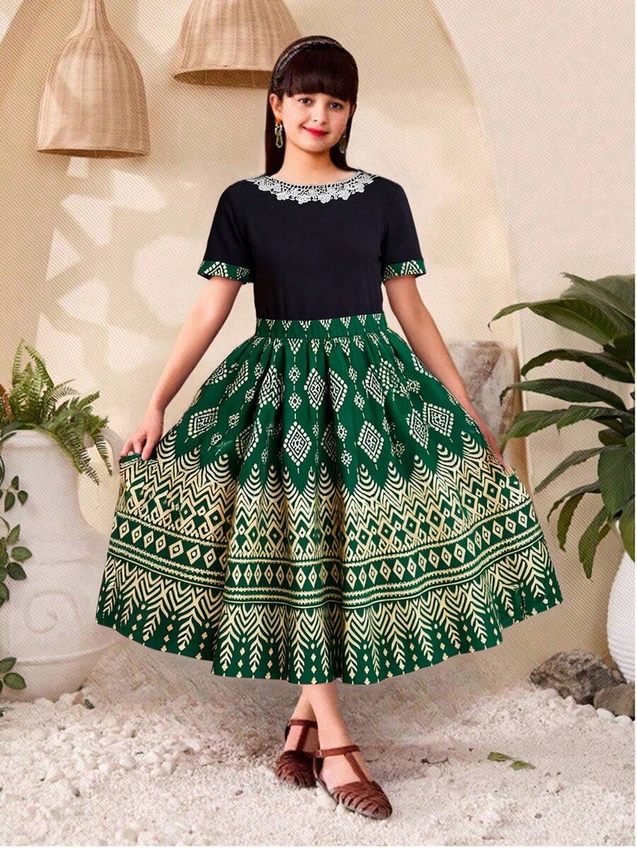 2pcs/Set Tween Girl' Gold Foil Pleated Maxi Dress + Short Puff Sleeve Top, Traditional Ramadan Outfit - Green - View 1