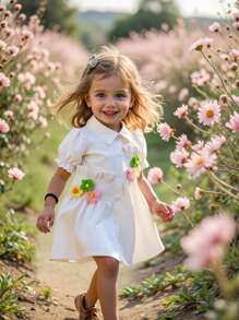 女婴甜美时尚街头风格可爱泡泡袖衬衫裙，夏季 - 杏色 - 查看 1