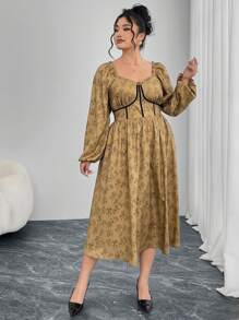 Modelyn Plus Size Jednolity Kolor Patchwork Kołnierzyk Serduszko Długi Rękaw Sukienka Codzienna