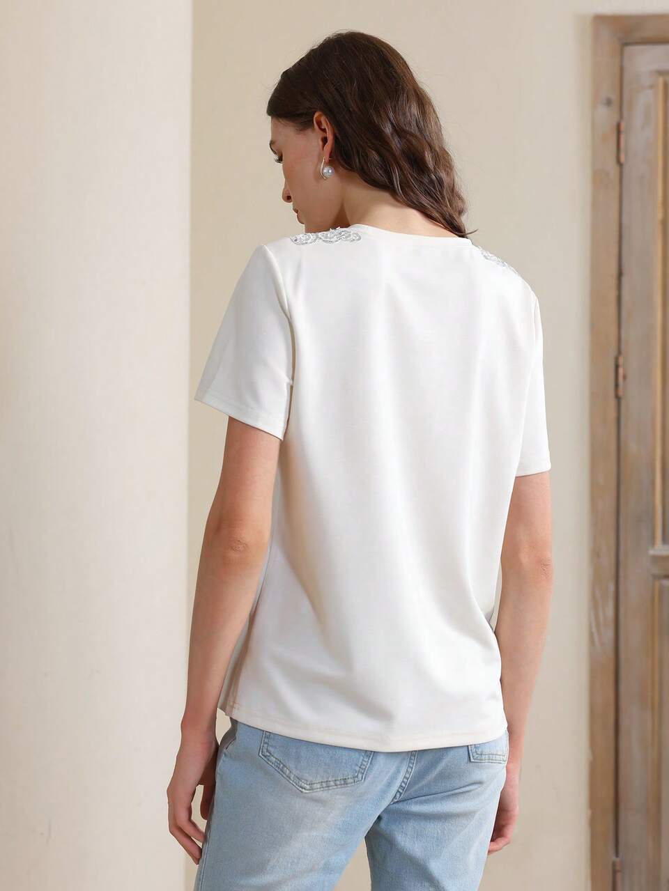 Women Hollow Out Sequin Trim Collar T-Shirt, Elegant Splice Design, Versatile For Commuting And Casual Wear, Suitable For Spring And Summer