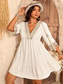 SHEIN LUNE Plus Size Solid V-Neck Fringed Sequin Floral Lace Trim 3/4 Sleeve Elegant Dress - Apricot - View 5