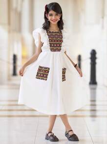 SHEIN Leap Crew Tween 女童方领拼布荷叶边下摆印花连衣裙 - 白色 - 查看 8