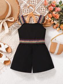 Young Girl Wavy Splicing Strap Casual Jumpsuit - Black - View 1
