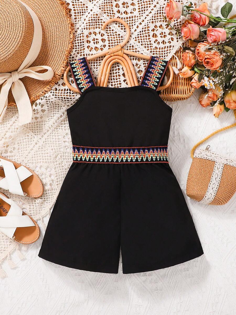 Young Girl Wavy Splicing Strap Casual Jumpsuit - Black - View 1