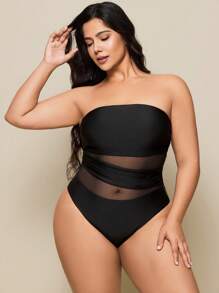 SHEIN Swim Curve Plus Size One Piece Swimsuit With Ruched Mesh Panel, Solid Color, Casual Style For Women, For Summer Beach Vacation - Black - View 4