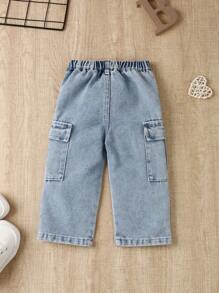 SHEIN Baby Girls White Casual Utility Straight-Leg Jeans