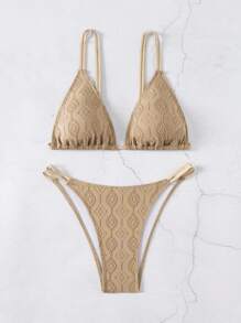 SHEIN Swim Springbreak 新款女式纹理比基尼两件套，卡其色和杏色拼色，配有可调节肩带上衣和系带下装，适合游泳池、海滩、度假，适合所有年龄段的简约基本款设计 - 咖啡棕 - 查看 2