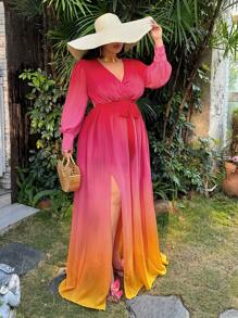 SHEIN SXY Robe ombré en mousseline de soie pour grandes tailles avec fente haute, robe ample à manches longues pour vacances à la plage
