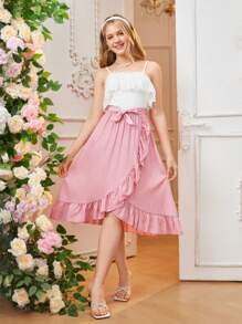Teen Girl Summer Casual Elegant Adjustable Strap Dress With Asymmetrical Ruffle Hem And Belt - Pink - View 4