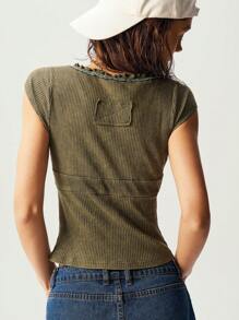 Bohemela BOHO Casual Solid Color V-Neck Short Sleeve Fitted Women T-Shirt - Army Green - View 7