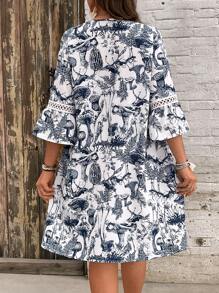 SHEIN VCAY Plus Size Women Vacation Lace Patchwork Floral Print Dress Boho Dresses For Women Casual Dresses For Woman,Vacation Outfits Women,Vintage,