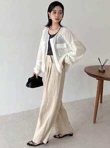 FRIFUL Women's White Loose Linen Blend Jacket, Round Neck Lightweight Long Sleeve Outerwear, Spring & Summer