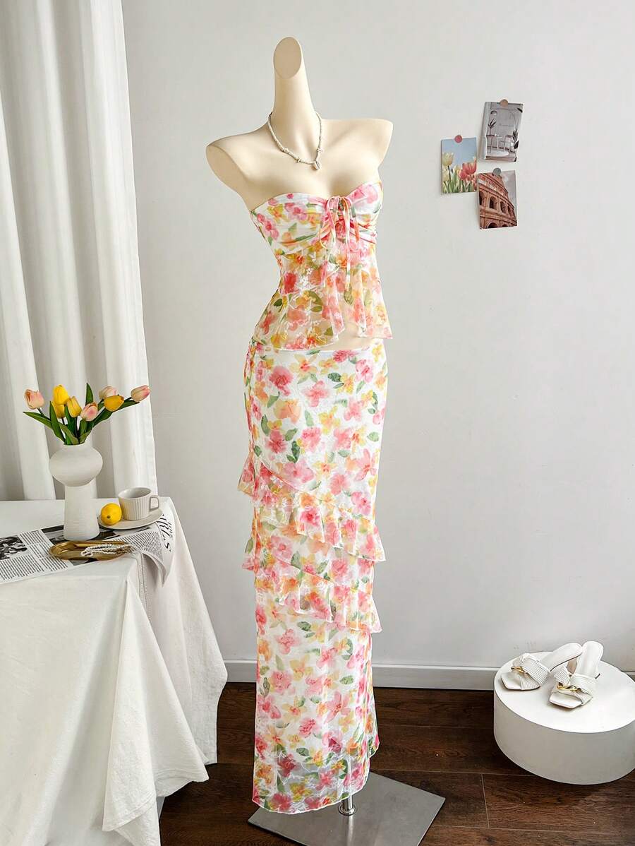 Soleia Vacation Set Consisting Of Ruffles Bandeau Maxi Dress, Minimalist & Fashionable For Casual Daily Wear - Yellow - View 1