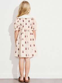 SHEIN Young Girls Embroidery Collar Cute Yellow Bear Print Lantern Sleeve Loose Hem Dresses, Vacation Style - Yellow - View 2