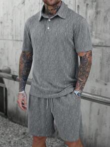Manfinity Homme Men's Casual Short Sleeve Polo Shirt And Drawstring Waist Pocket Shorts Set,Men's Turn-Down Collar Casual Short Sleeve T-Shirt And Shorts 2pcs/Set - Grey - View 7