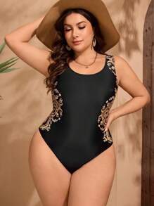 Swim Lushoire Plus Size Women Printed Standard Sleeveless Casual One-Piece Swimsuit, Suitable For Swimming Pool, Beach, Holiday, For Summer Vacation