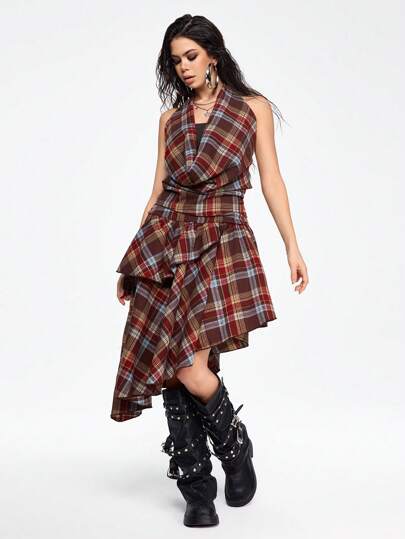 Grunge Punk Urlaub & Neujahr Hippie Punk Retro Jahrtausend Y2K kariertes Mix-and-Match asymmetrisches Rüschenkleid mit mehreren Lagen für Frauen